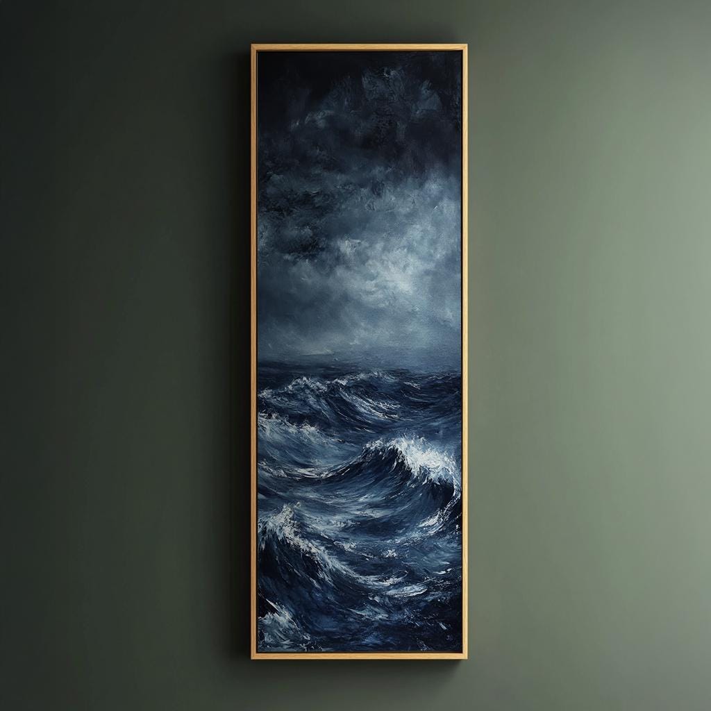 Oceanic Storm Canvas Art | Impasto Impressionism Print | Coastal Modern Wall Art For Living Room | Steel Blue Art Long Vertical Art
