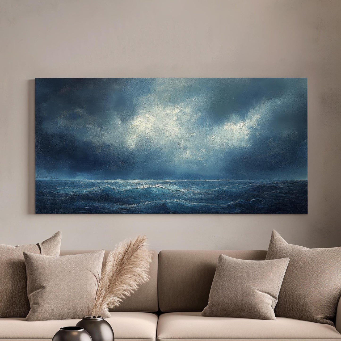 Oceanic Storm Canvas Art | Impasto Impressionism Print | Coastal Bohemian Wall Art For Living Room | Steel Blue Art Horizontal Art