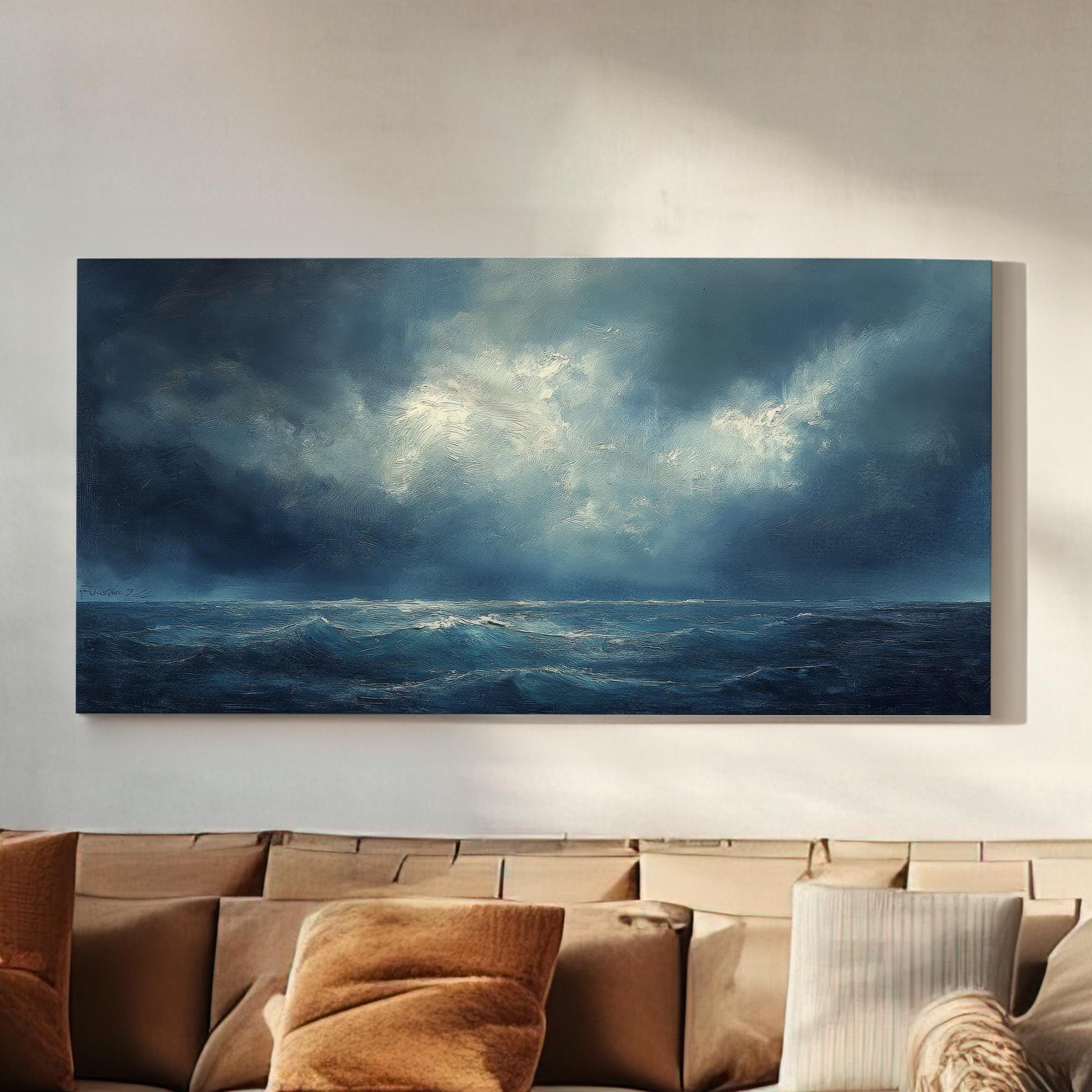 Oceanic Storm Canvas Art | Impasto Impressionism Print | Coastal Bohemian Wall Art For Living Room | Steel Blue Art Horizontal Art
