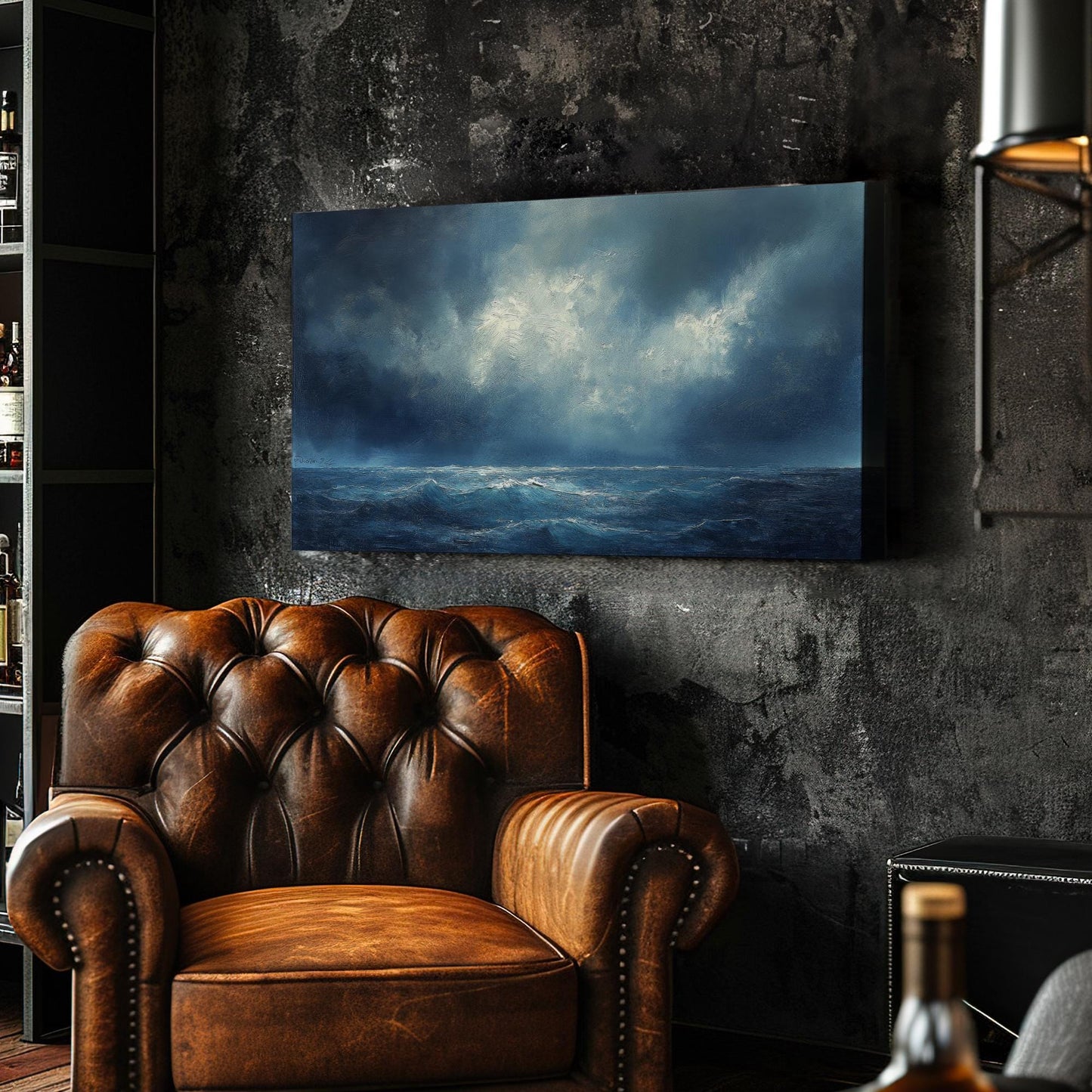 Oceanic Storm Canvas Art | Impasto Impressionism Print | Coastal Bohemian Wall Art For Living Room | Steel Blue Art Horizontal Art