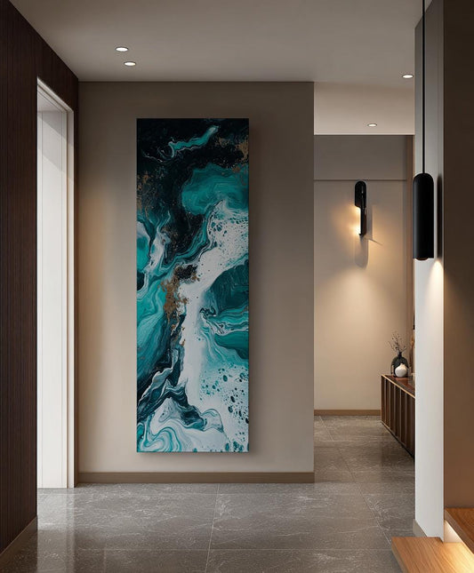 Oceanic Pouring Canvas Art | Fluid Acrylic Print | Biophilic Wall Art For Living Room | Serene Teal White Art Long Vertical Art