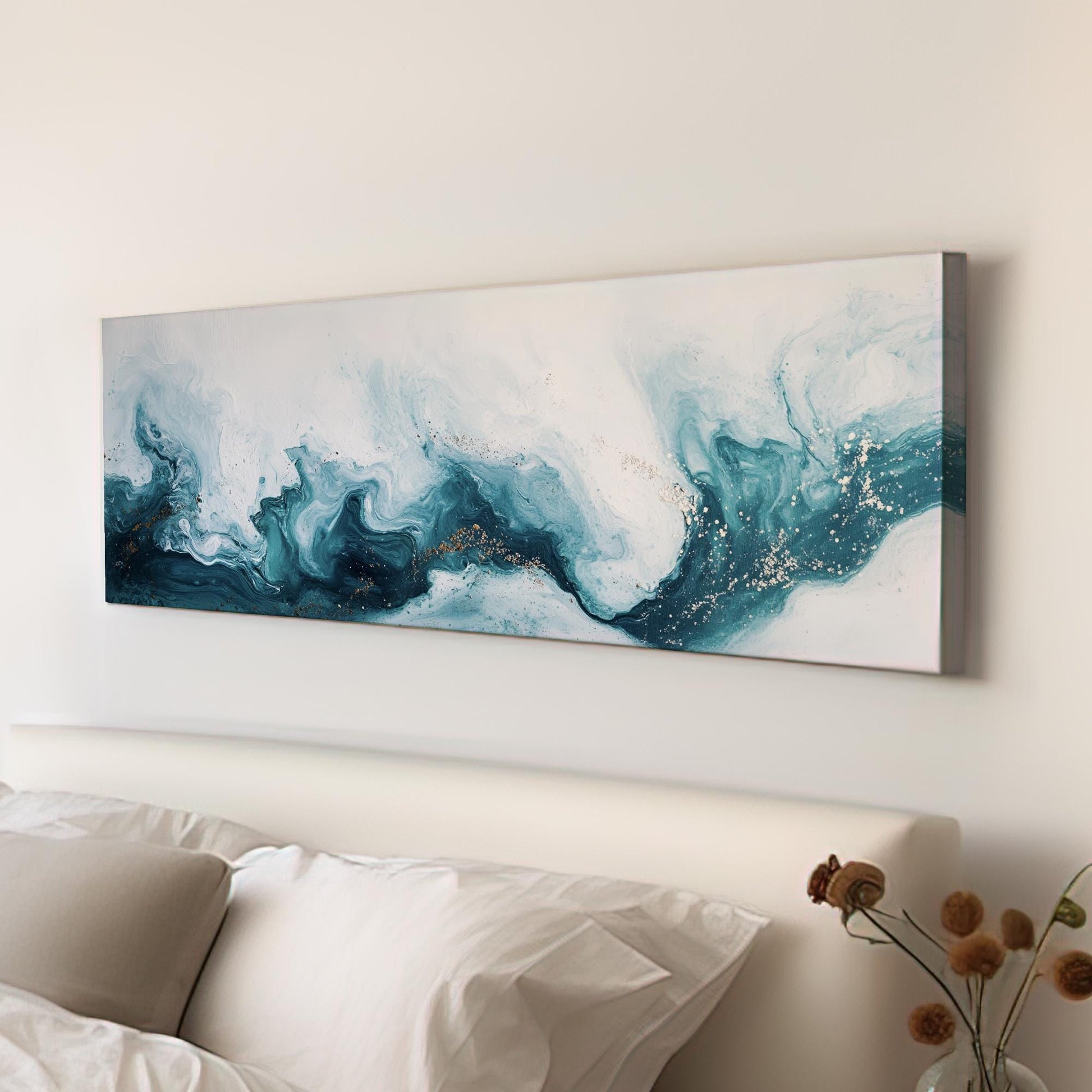 Oceanic Flow Canvas Art | Pouring Acrylic Print | Biophilic Wall Art For Living Room | Serene Teal Art Panoramic Wall Art