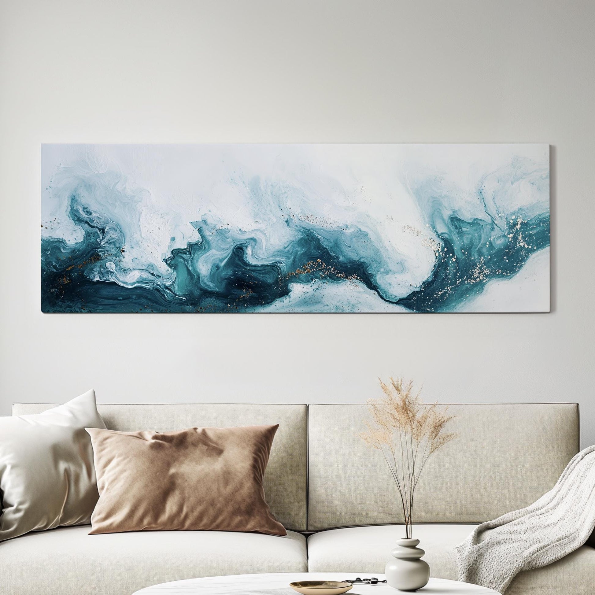 Oceanic Flow Canvas Art | Pouring Acrylic Print | Biophilic Wall Art For Living Room | Serene Teal Art Panoramic Wall Art