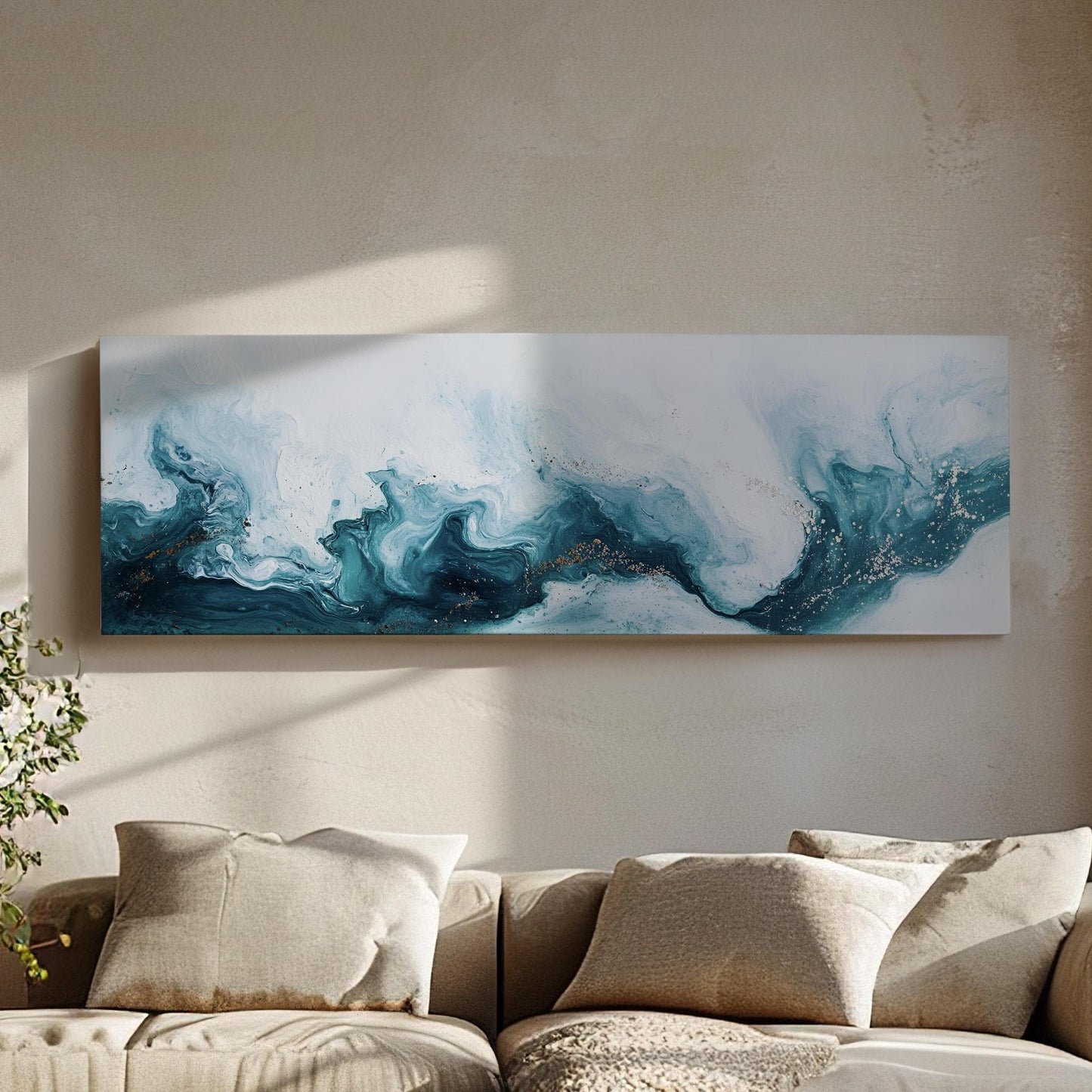 Oceanic Flow Canvas Art | Pouring Acrylic Print | Biophilic Wall Art For Living Room | Serene Teal Art Panoramic Wall Art