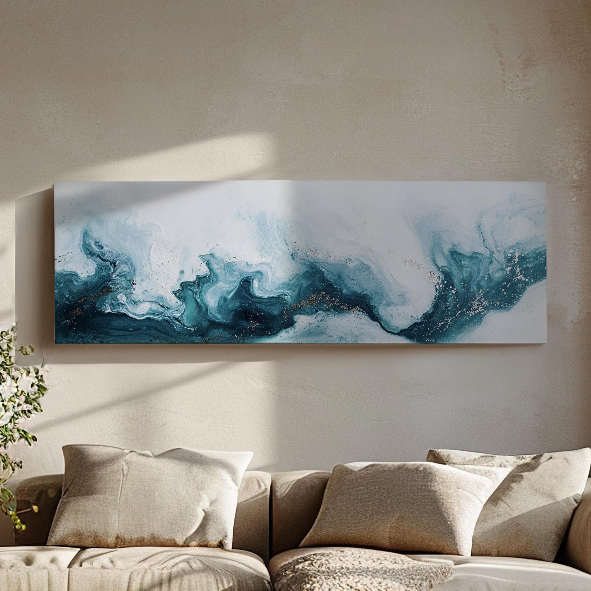 Oceanic Flow Canvas Art | Pouring Acrylic Print | Biophilic Wall Art For Living Room | Serene Teal Art Panoramic Wall Art