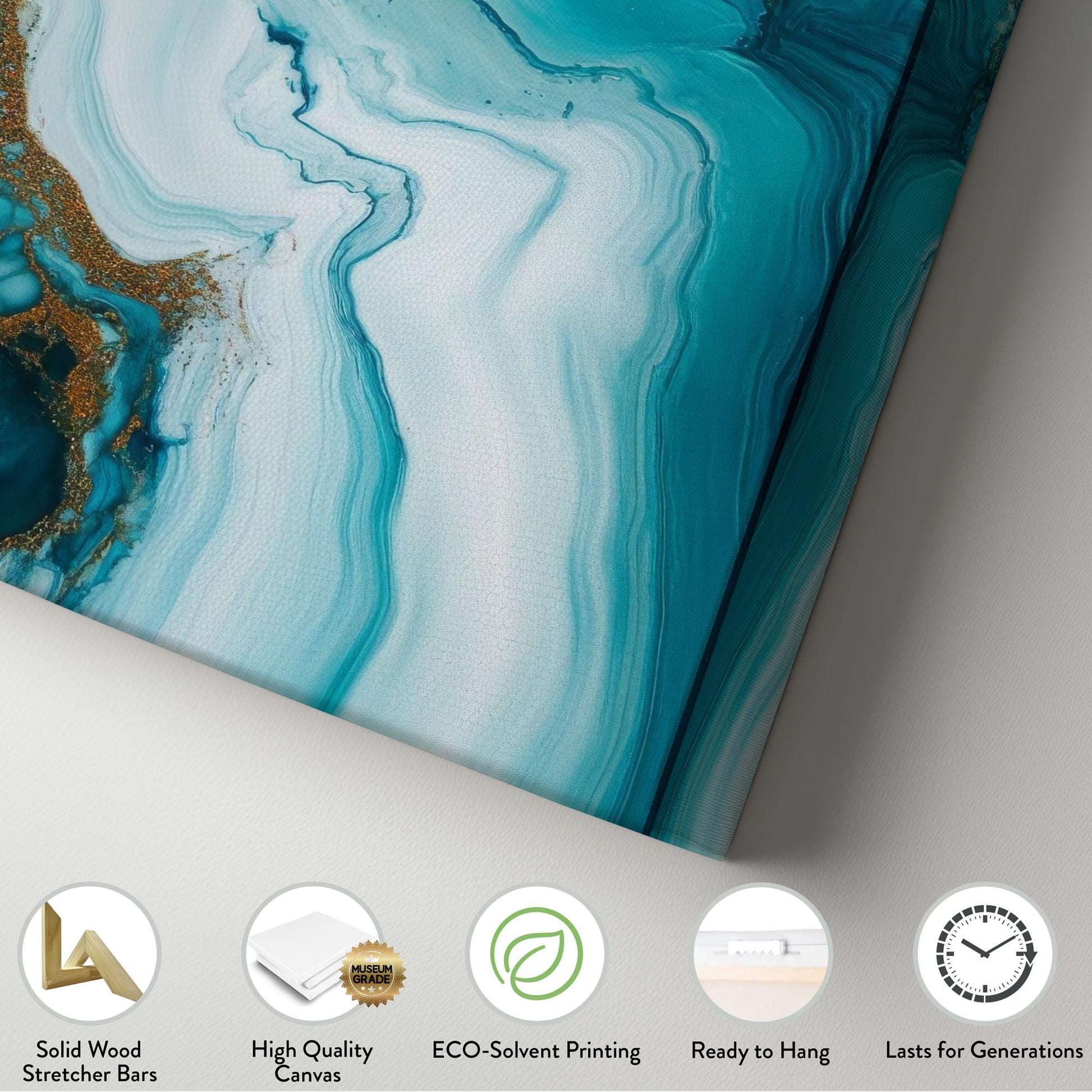 Oceanic Dreamscape Canvas Art | Alcohol Ink Print | Biophilic Wall Art For Living Room | Serene Teal Champagne Gold Art Long Vertical Art