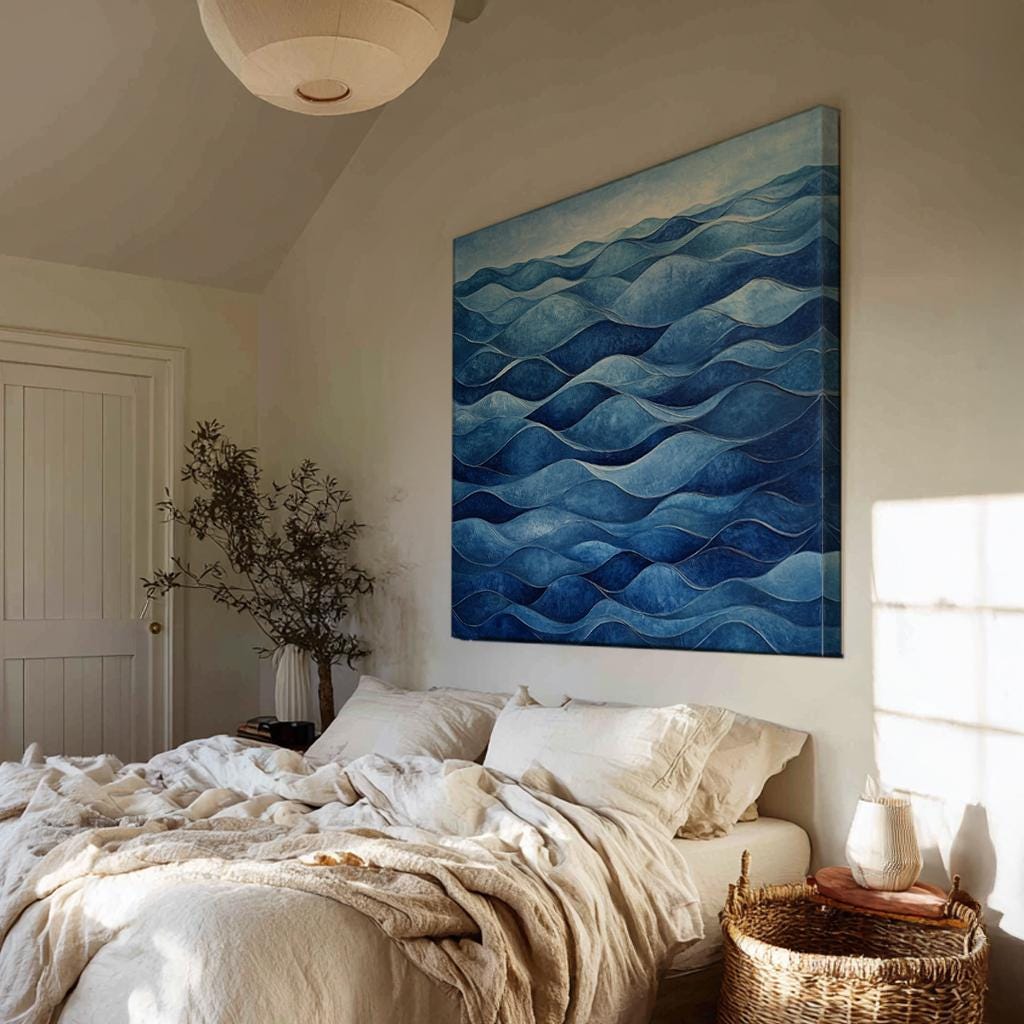 Oceanic Depth Canvas Art | Impasto Textured Print | Coastal Bohemian Wall Art For Living Room | Cerulean Blue Art Square Canvas Art