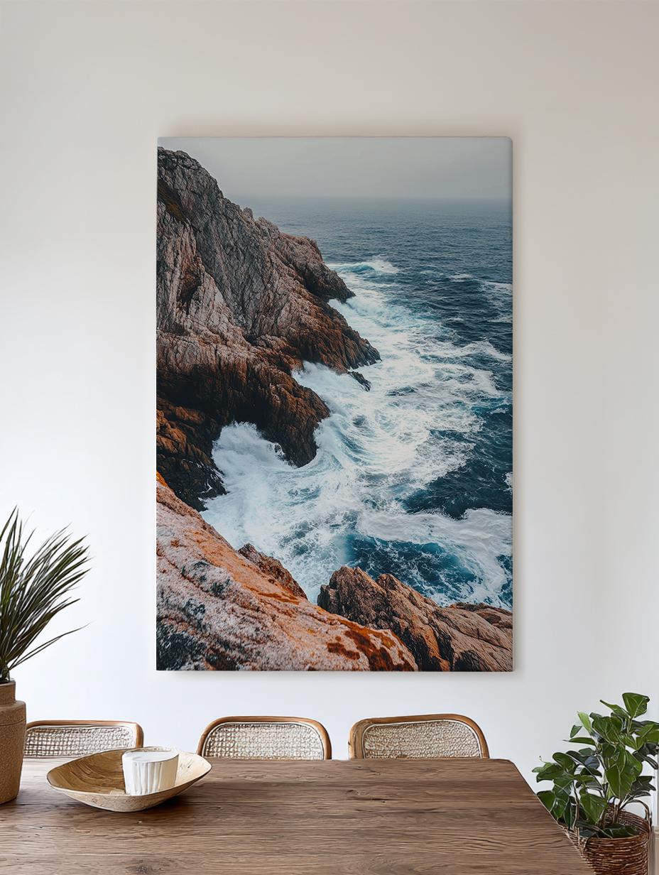 Oceanic Cliffside Canvas Art | Expressive Impressionism Print | Coastal Bohemian Wall Art For Living Room Vertical Canvas