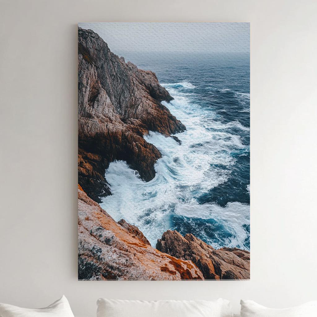 Oceanic Cliffside Canvas Art | Expressive Impressionism Print | Coastal Bohemian Wall Art For Living Room Vertical Canvas