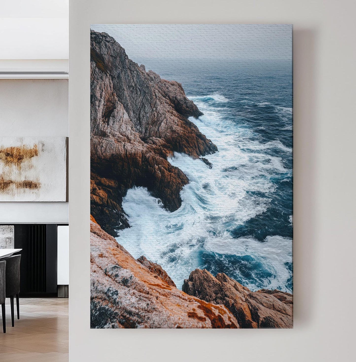 Oceanic Cliffside Canvas Art | Expressive Impressionism Print | Coastal Bohemian Wall Art For Living Room Vertical Canvas