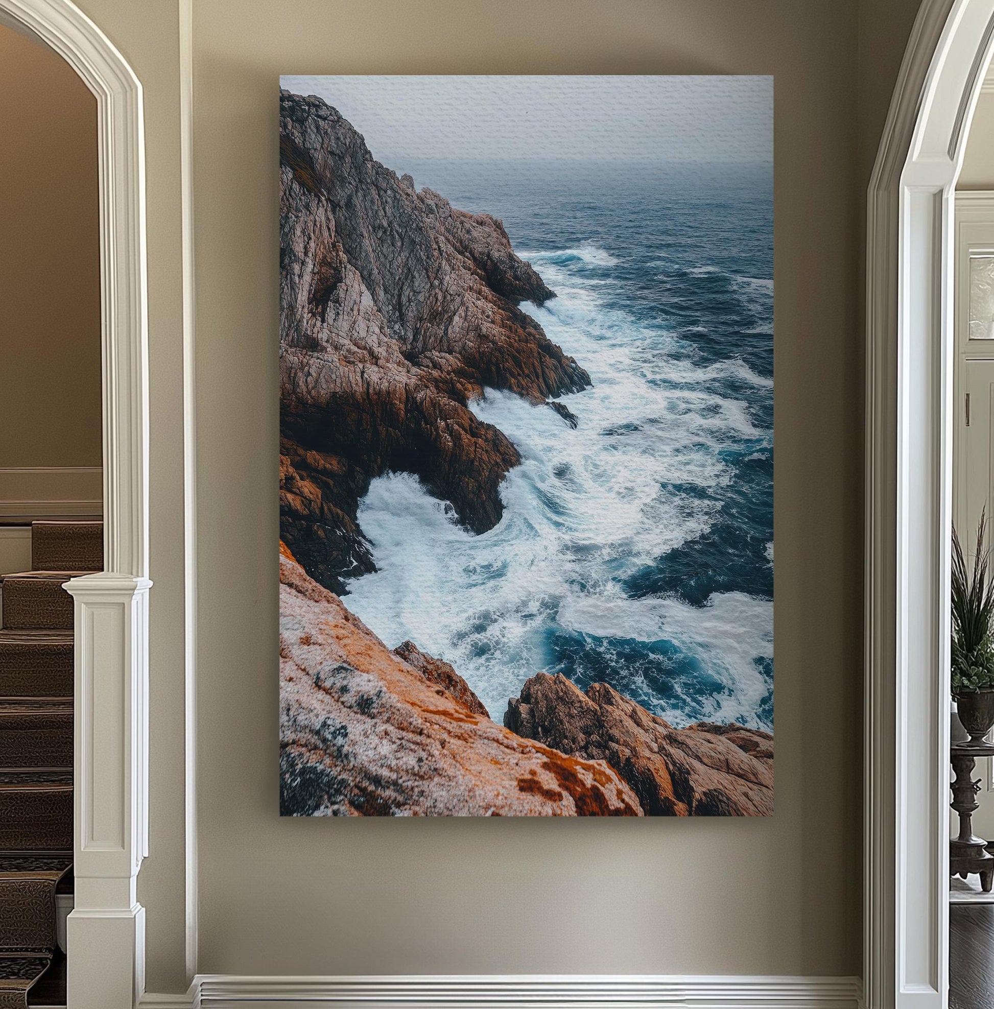 Oceanic Cliffside Canvas Art | Expressive Impressionism Print | Coastal Bohemian Wall Art For Living Room Vertical Canvas