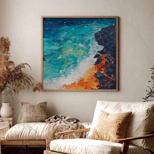 Ocean Waves Impasto Canvas Art | Coastal Textural Print | Bohemian Wall Art For Living Room | Cerulean Ochre Art Square Canvas Art