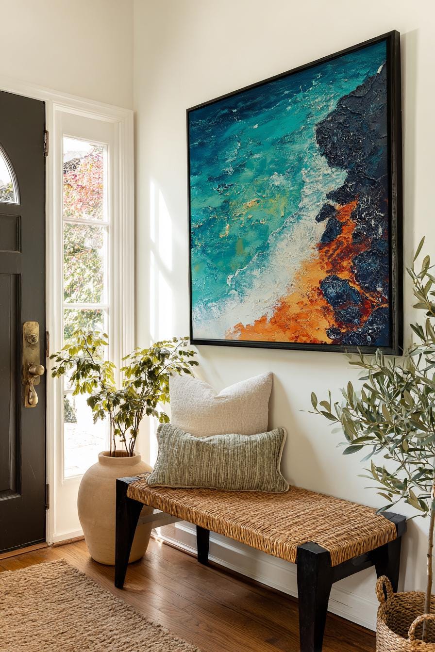 Ocean Waves Impasto Canvas Art | Coastal Textural Print | Bohemian Wall Art For Living Room | Cerulean Ochre Art Square Canvas Art