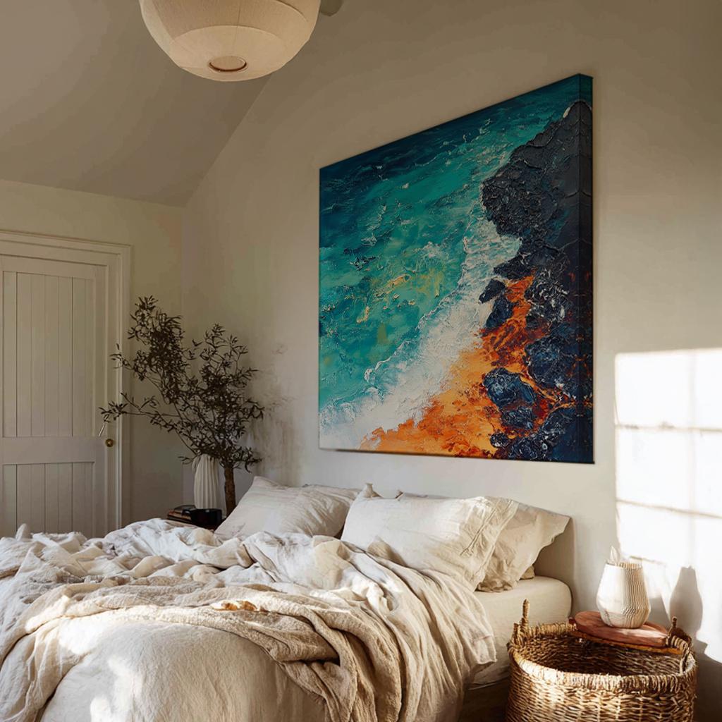 Ocean Waves Impasto Canvas Art | Coastal Textural Print | Bohemian Wall Art For Living Room | Cerulean Ochre Art Square Canvas Art
