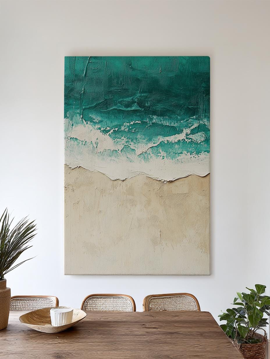 Ocean Wave Impasto Canvas Art | Textural Seascape Print | Coastal Bohemian Wall Art For Living Room | Seashell Beige Art Vertical Canvas