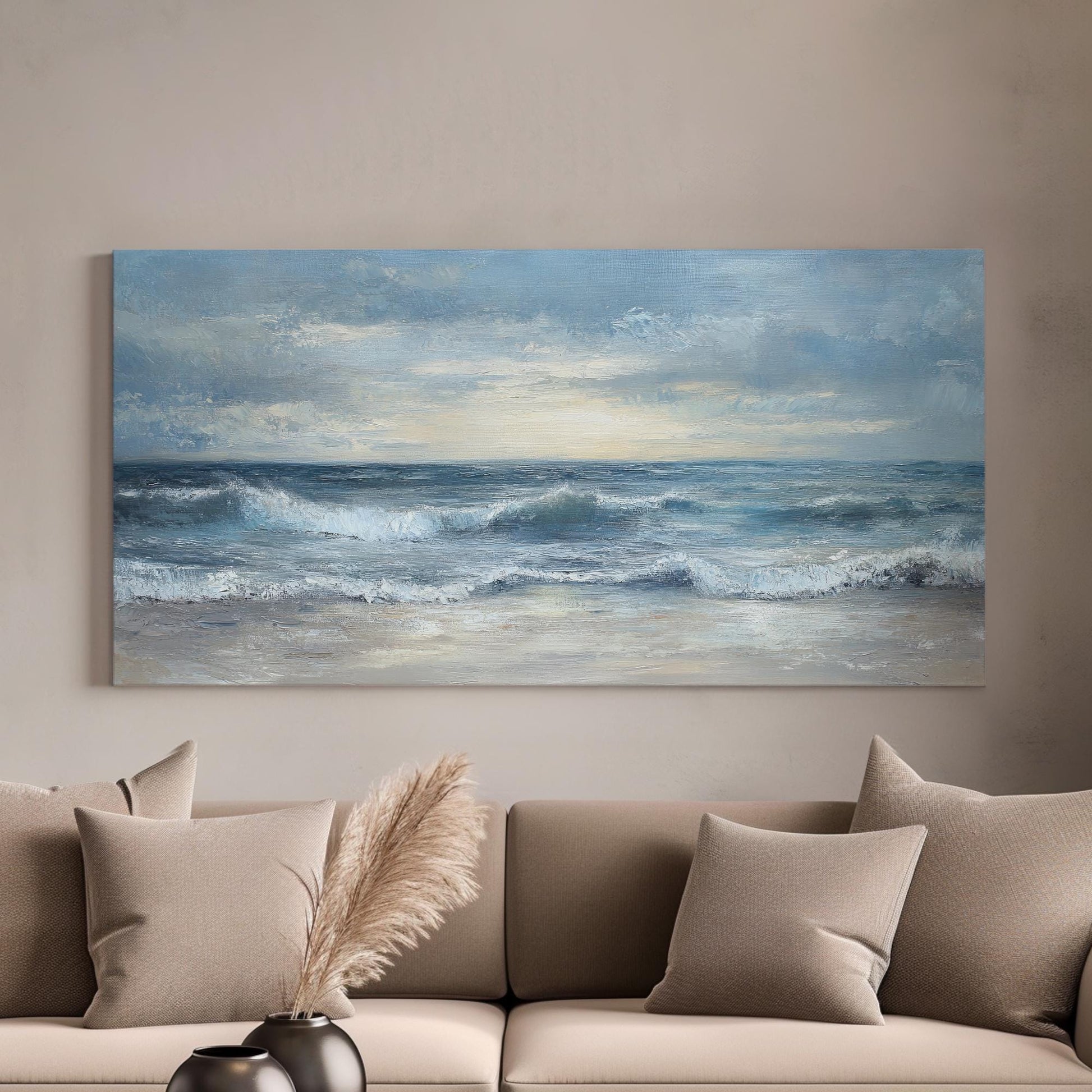Ocean Wave Canvas Art | Impasto Seascape Print | Coastal Living Room Wall Art For Living Room | Seashell Beige Art Horizontal Art