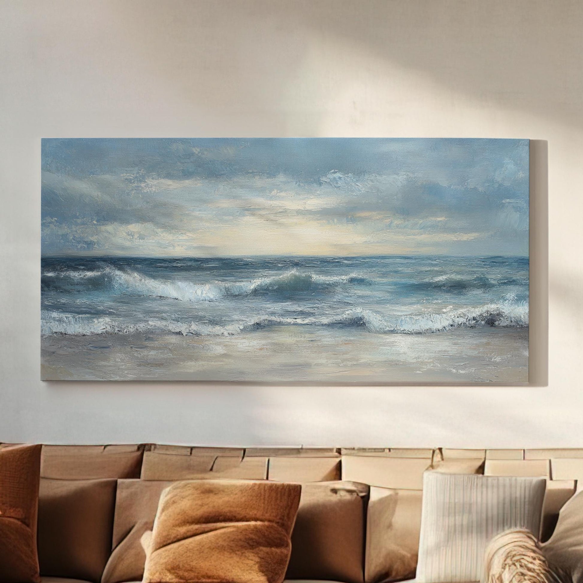 Ocean Wave Canvas Art | Impasto Seascape Print | Coastal Living Room Wall Art For Living Room | Seashell Beige Art Horizontal Art