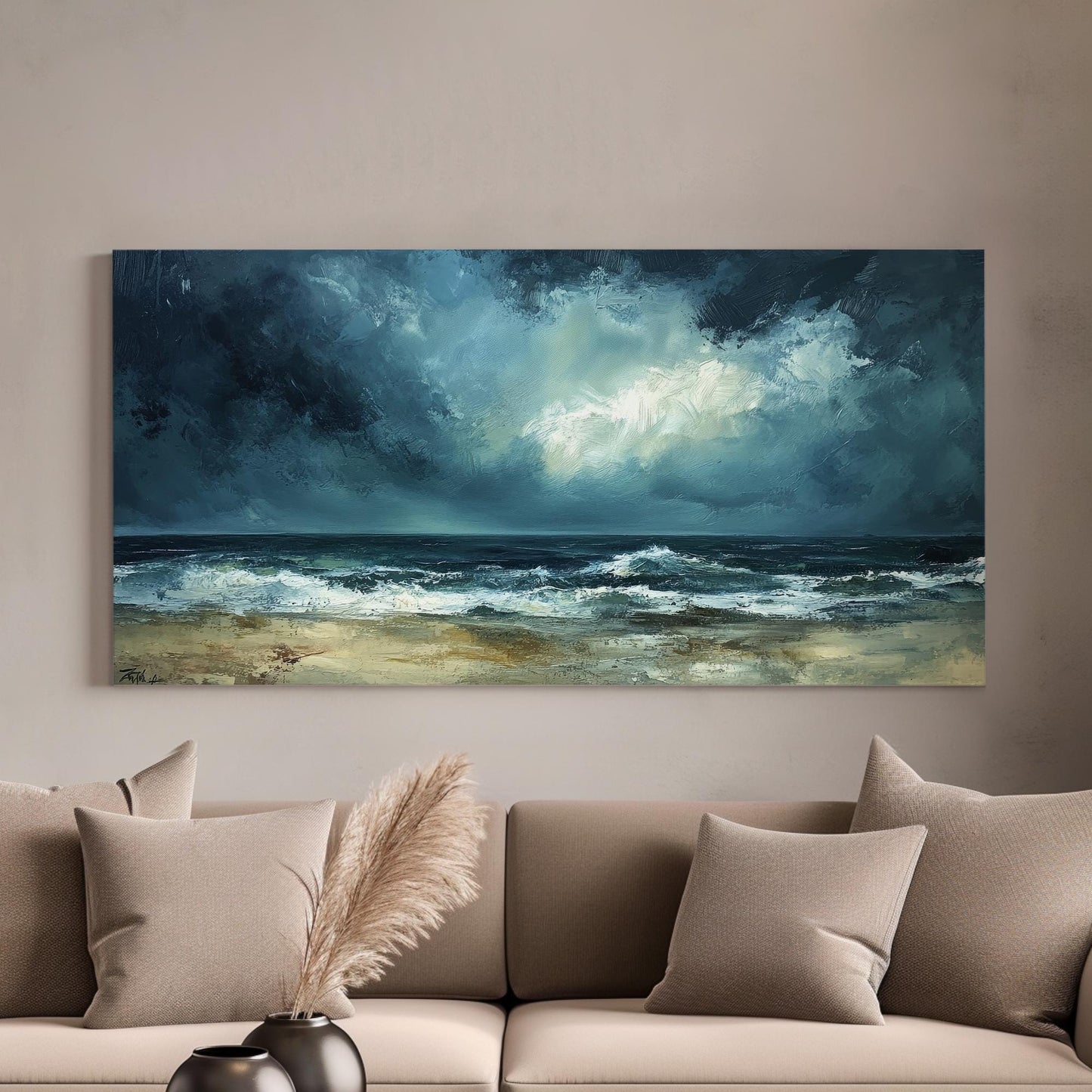 Ocean Wave Canvas Art | Impasto Seascape Print | Coastal Bohemian Wall Art For Living Room | Stormy Seafoam Art Horizontal Art