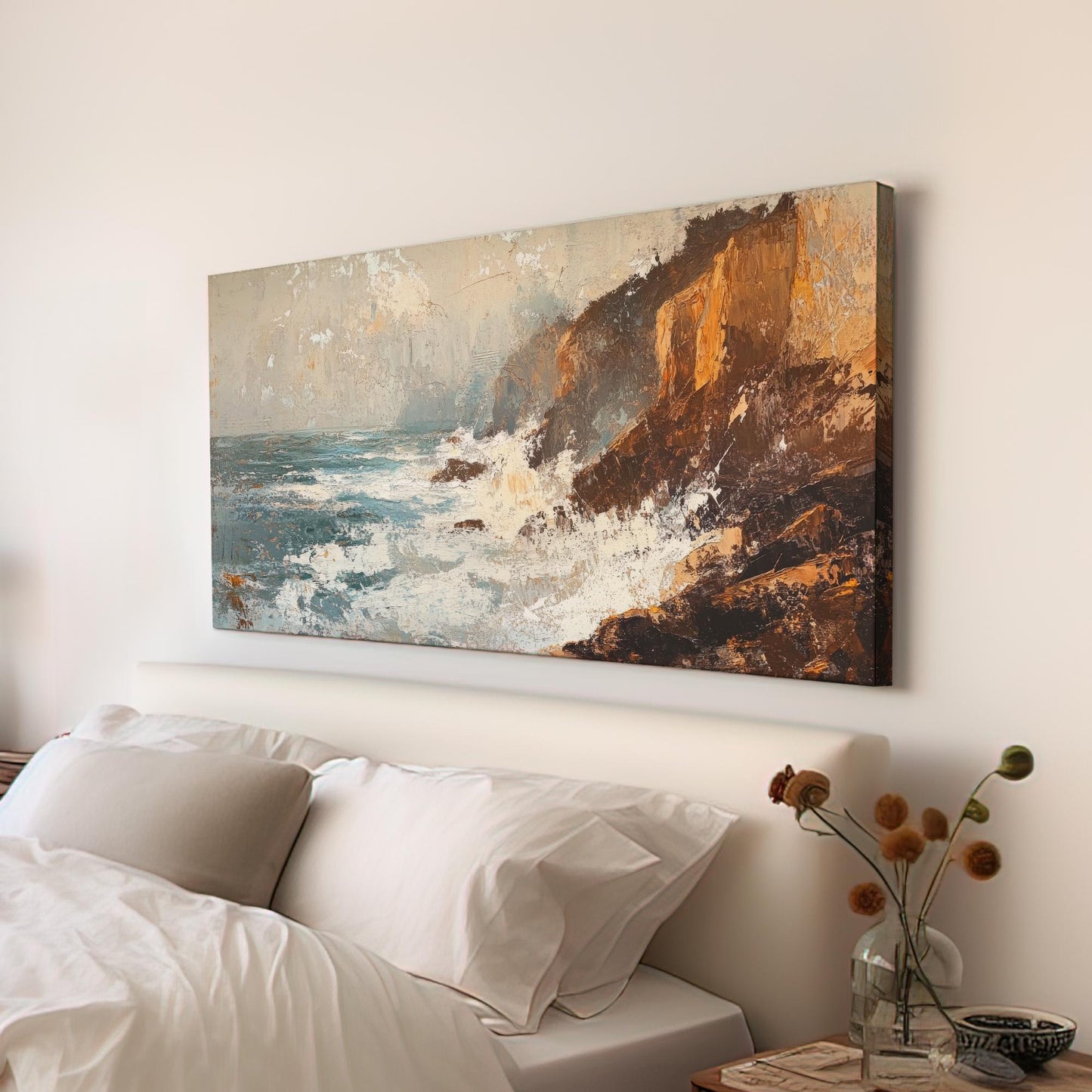 Ocean Wave Canvas Art | Impasto Print | Coastal Wall Art For Living Room | Seashell Beige Art | Tranquility Decor Horizontal Art