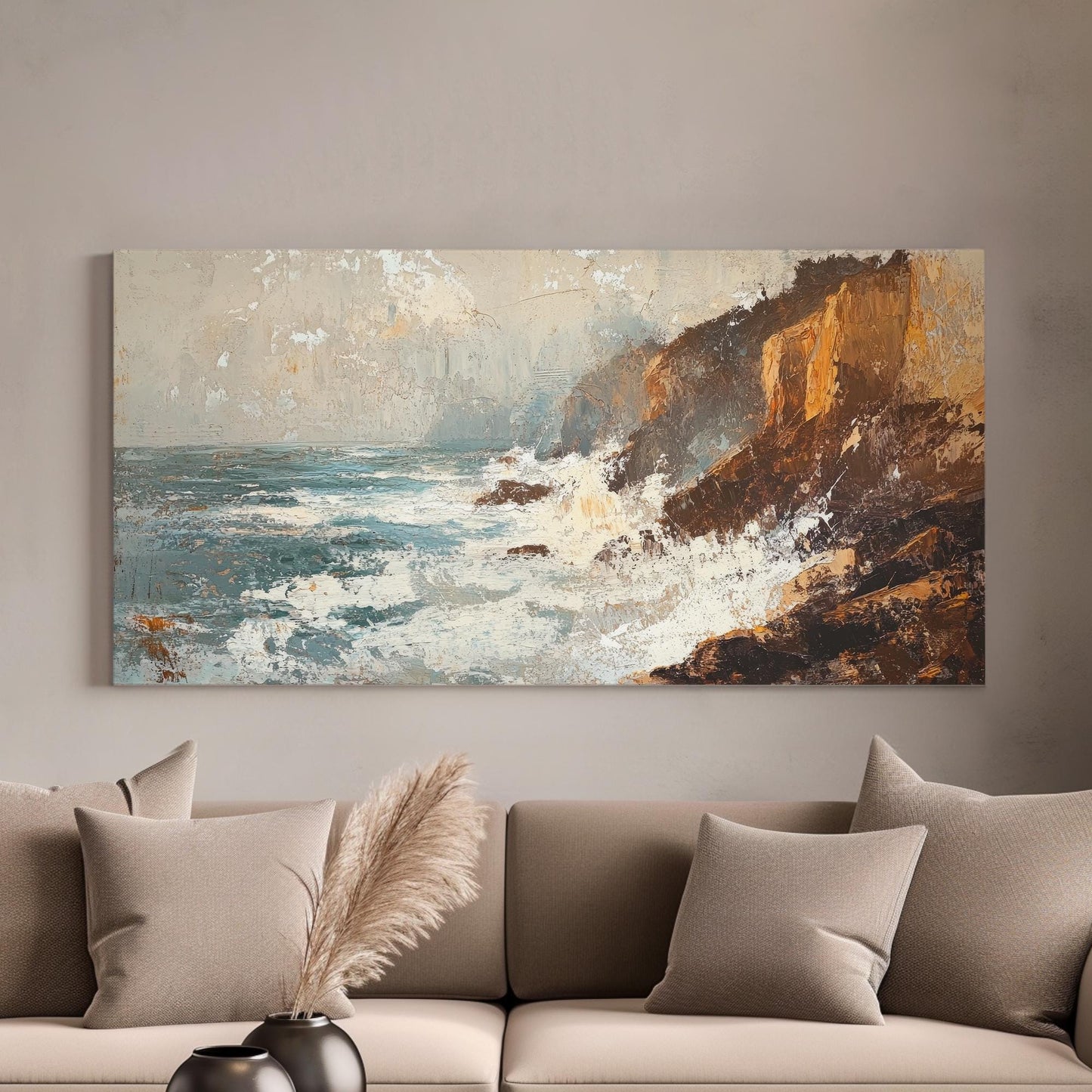 Ocean Wave Canvas Art | Impasto Print | Coastal Wall Art For Living Room | Seashell Beige Art | Tranquility Decor Horizontal Art