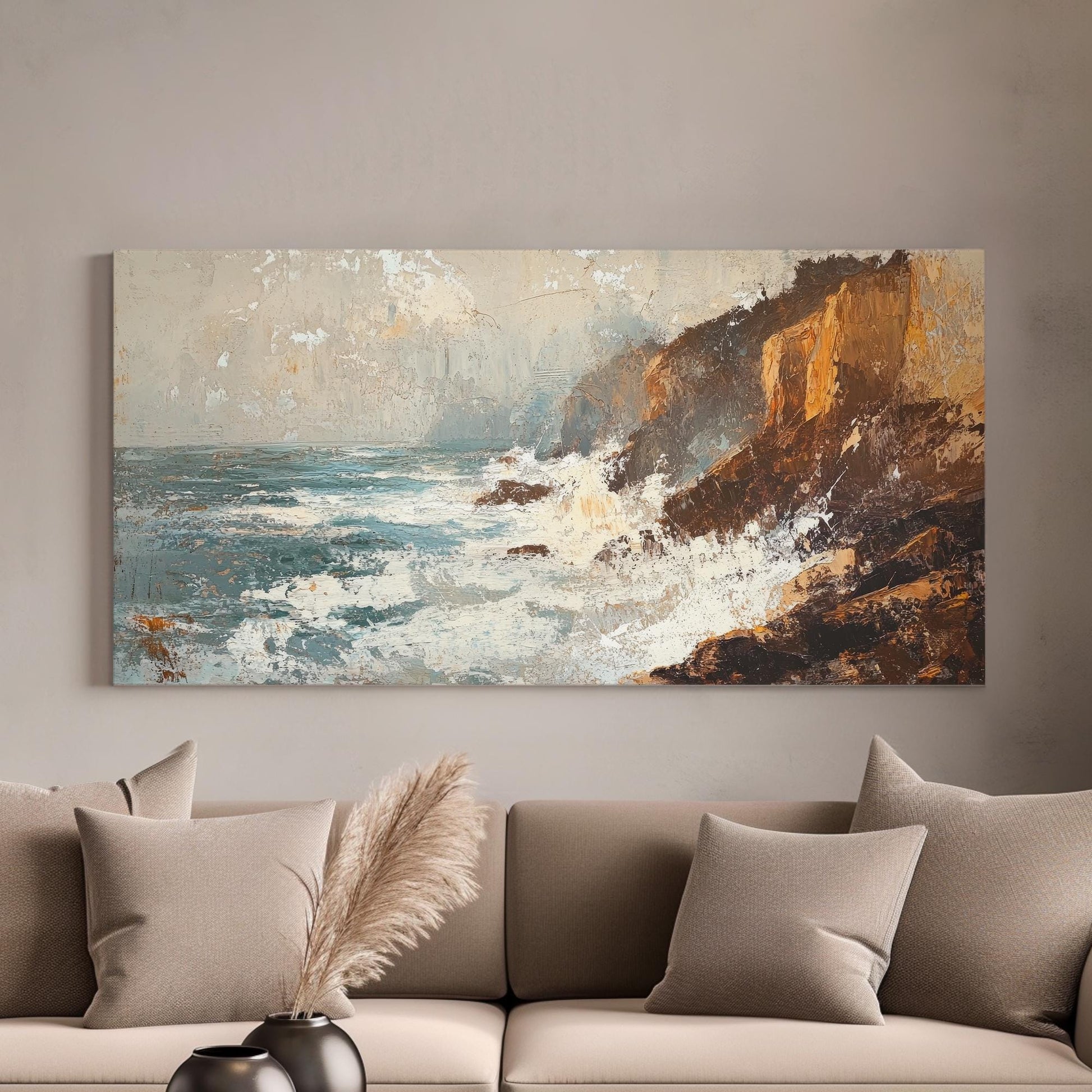 Ocean Wave Canvas Art | Impasto Print | Coastal Wall Art For Living Room | Seashell Beige Art | Tranquility Decor Horizontal Art