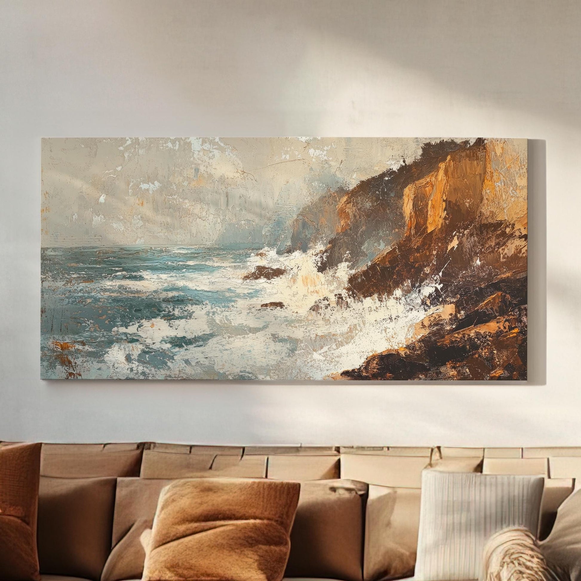 Ocean Wave Canvas Art | Impasto Print | Coastal Wall Art For Living Room | Seashell Beige Art | Tranquility Decor Horizontal Art