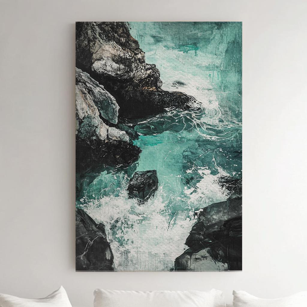 Ocean Wave Canvas Art | Impasto Print | Coastal Wall Art For Living Room | Seafoam Green Art | Tranquil Decor Vertical Canvas