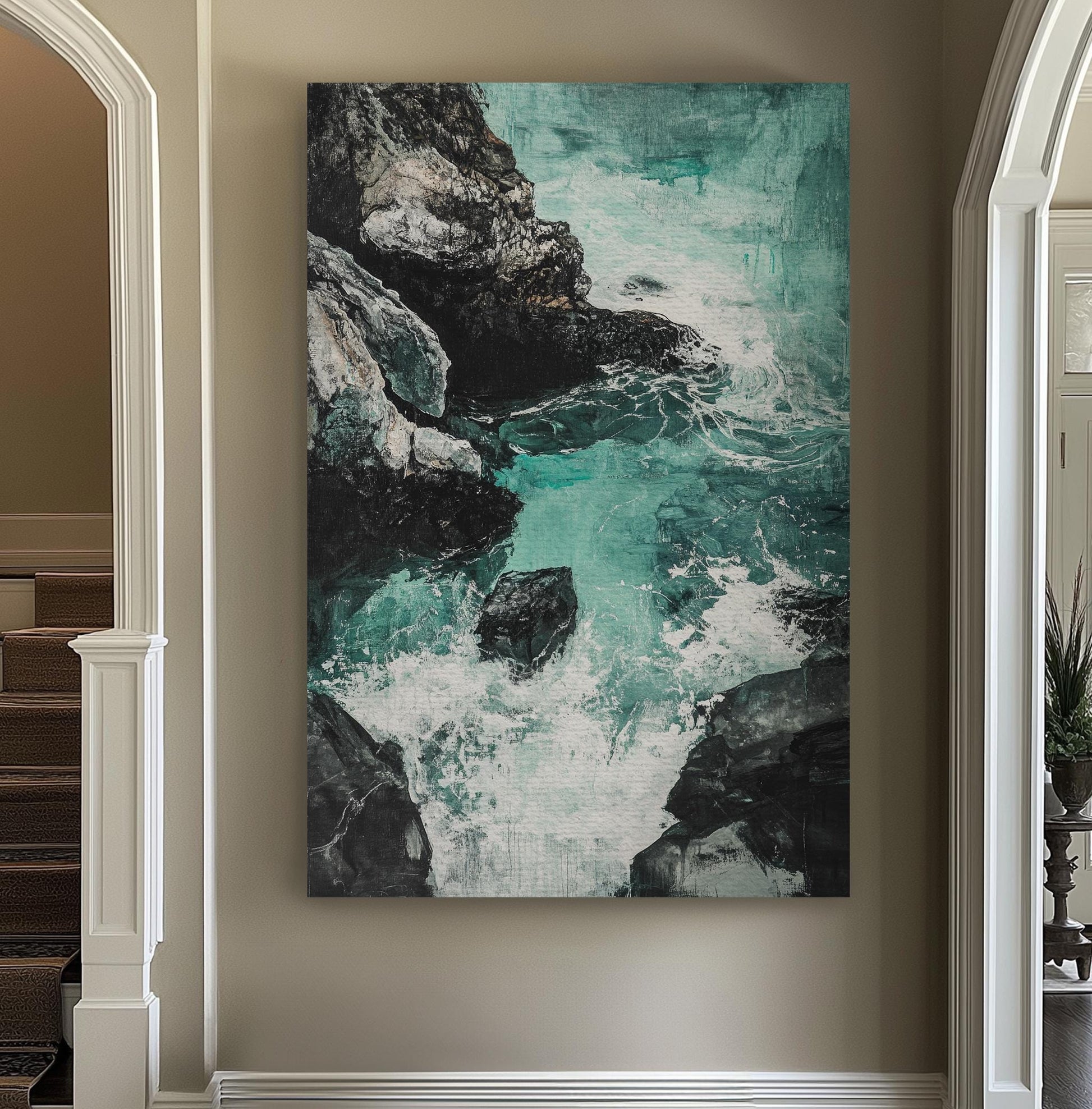 Ocean Wave Canvas Art | Impasto Print | Coastal Wall Art For Living Room | Seafoam Green Art | Tranquil Decor Vertical Canvas