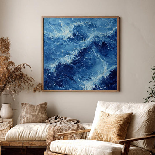 Ocean Wave Canvas Art | Impasto Print | Coastal Modern Wall Art For Living Room | Cerulean Blue Art | Tranquility Decor Square Canvas Art