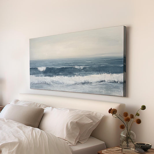 Ocean Wave Canvas Art | Impasto Print | Coastal Minimalist Wall Art For Living Room | Seashell White Steel Blue Art Horizontal Art