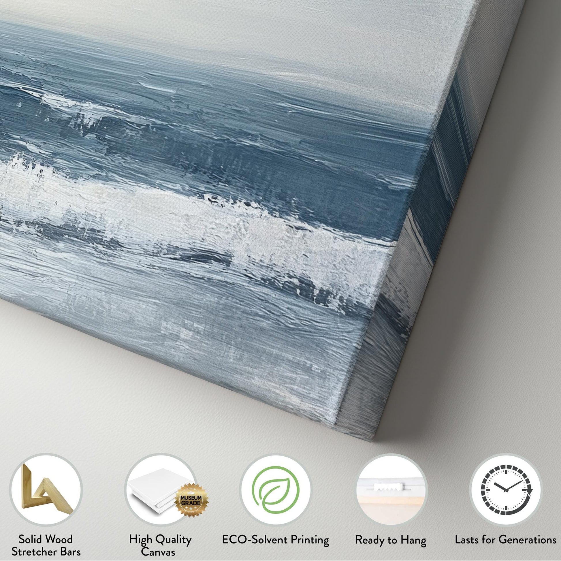 Ocean Wave Canvas Art | Impasto Print | Coastal Minimalist Wall Art For Living Room | Seashell White Steel Blue Art Horizontal Art