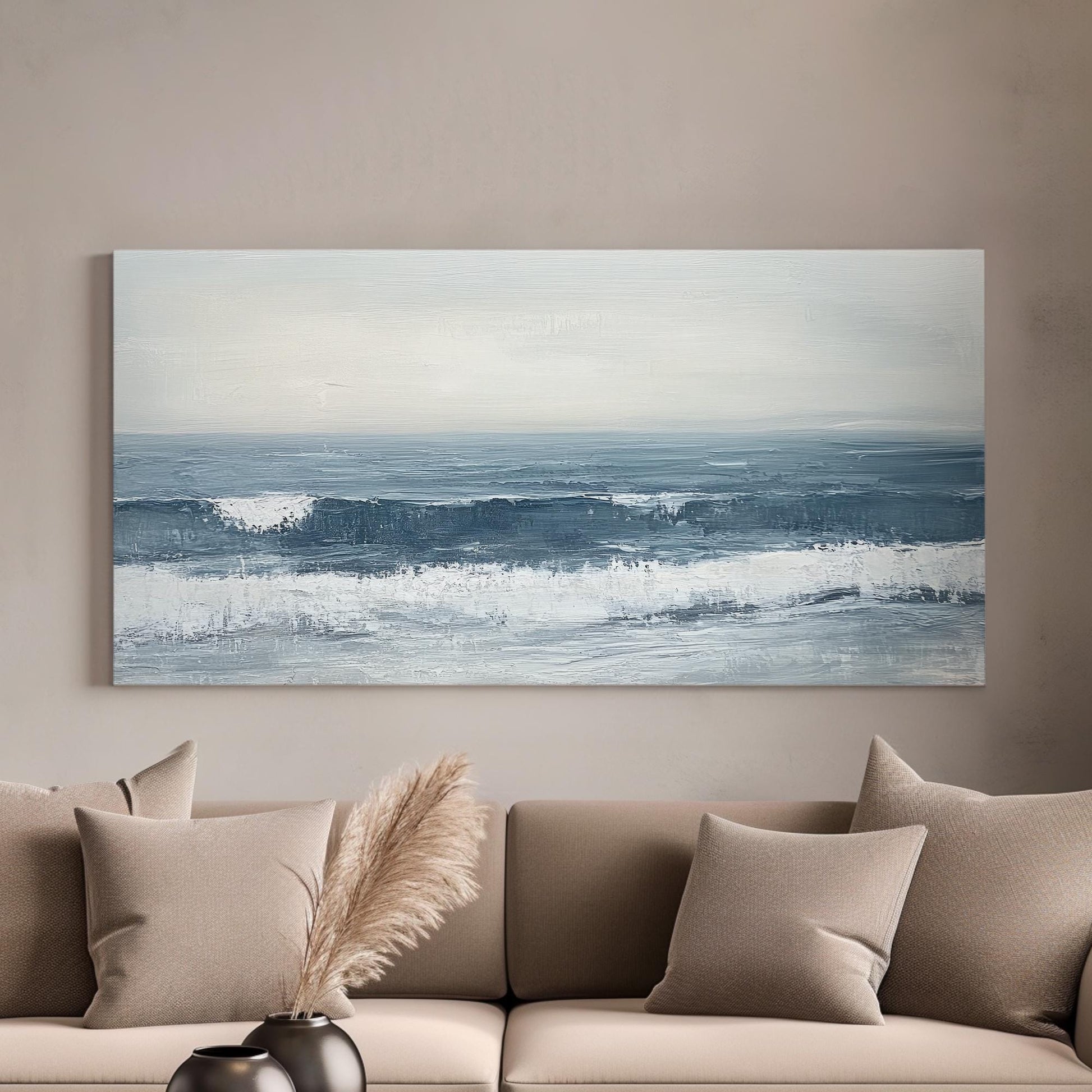 Ocean Wave Canvas Art | Impasto Print | Coastal Minimalist Wall Art For Living Room | Seashell White Steel Blue Art Horizontal Art