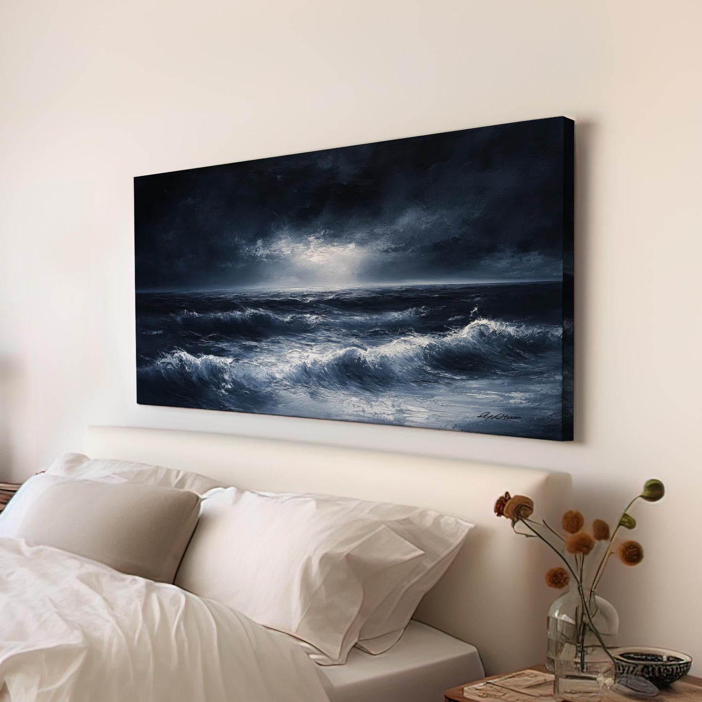 Ocean Wave Canvas Art | Impasto Palette Knife Print | Coastal Bohemian Wall Art For Living Room | Twilight Blue Art Horizontal Art