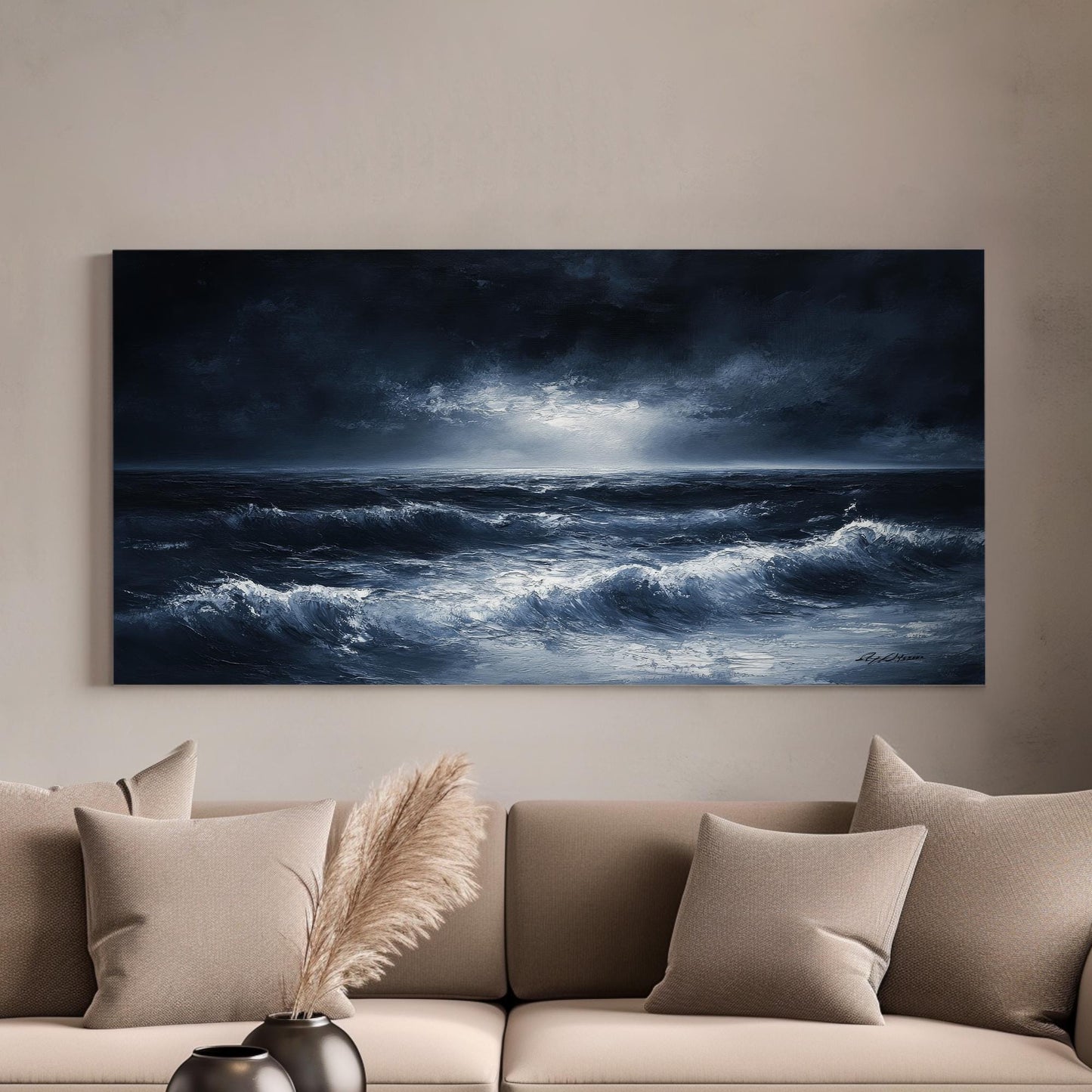 Ocean Wave Canvas Art | Impasto Palette Knife Print | Coastal Bohemian Wall Art For Living Room | Twilight Blue Art Horizontal Art