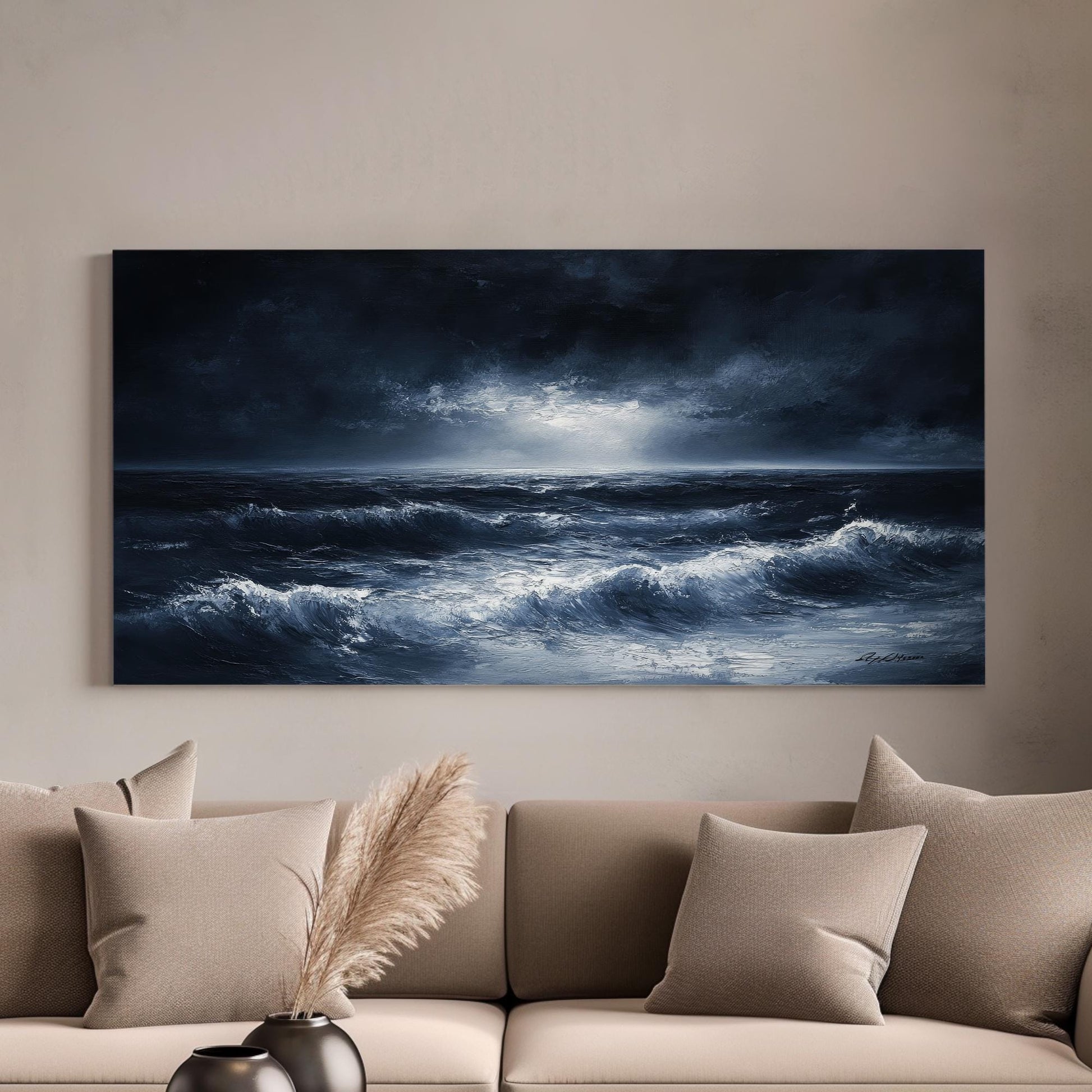 Ocean Wave Canvas Art | Impasto Palette Knife Print | Coastal Bohemian Wall Art For Living Room | Twilight Blue Art Horizontal Art