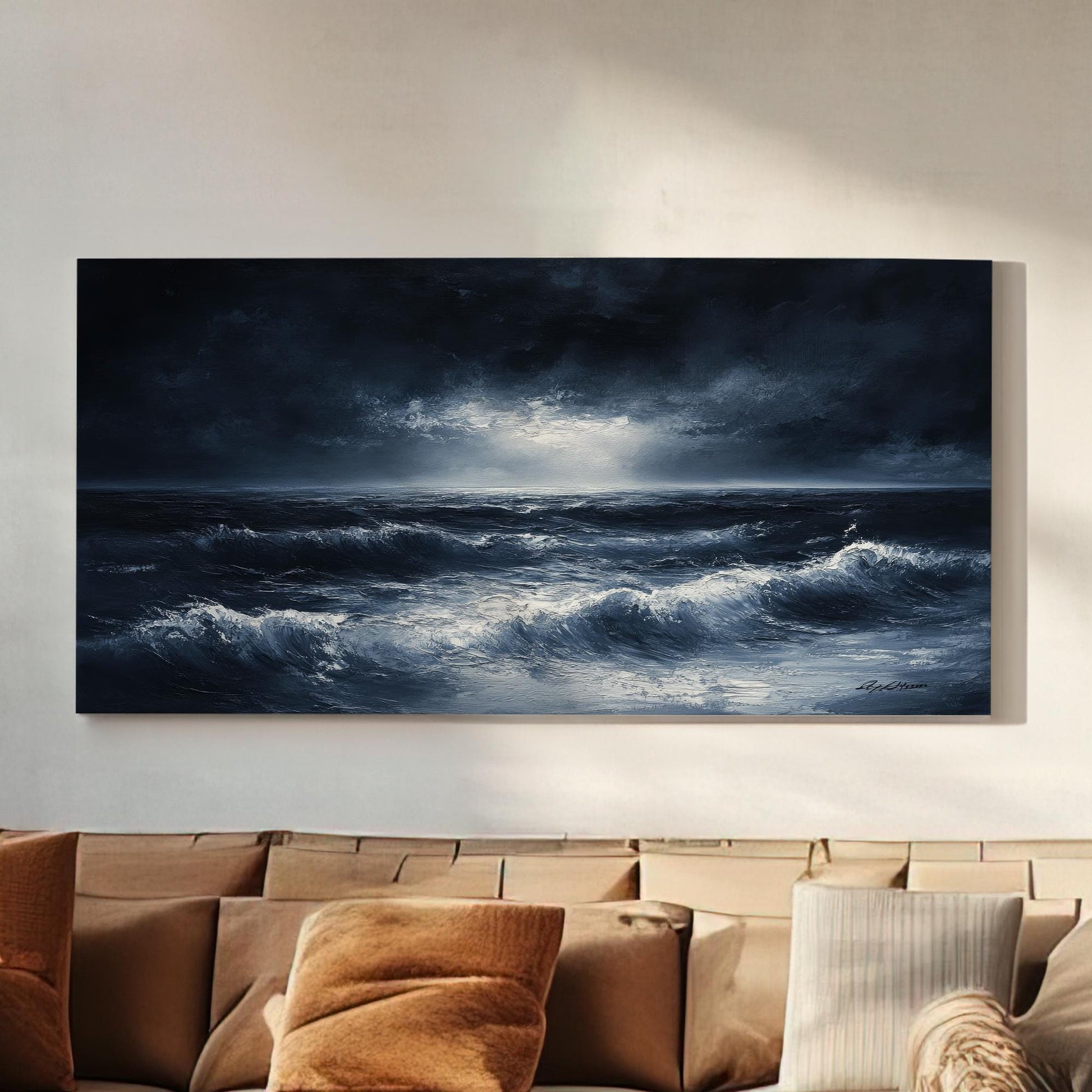 Ocean Wave Canvas Art | Impasto Palette Knife Print | Coastal Bohemian Wall Art For Living Room | Twilight Blue Art Horizontal Art
