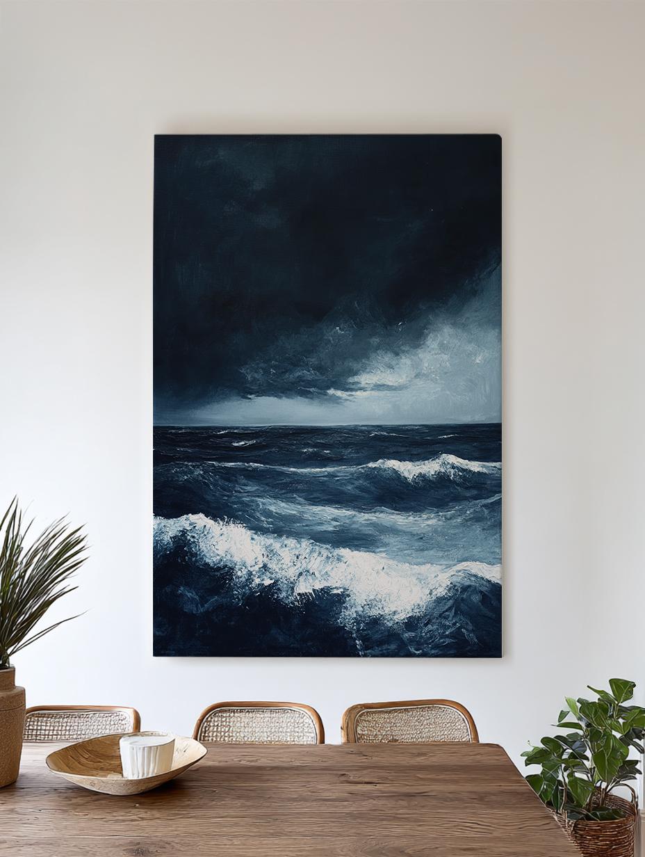 Ocean Storm Canvas Art | Impasto Print | Coastal Wall Art For Living Room | Steel Blue Art | Tranquil Decor Vertical Canvas