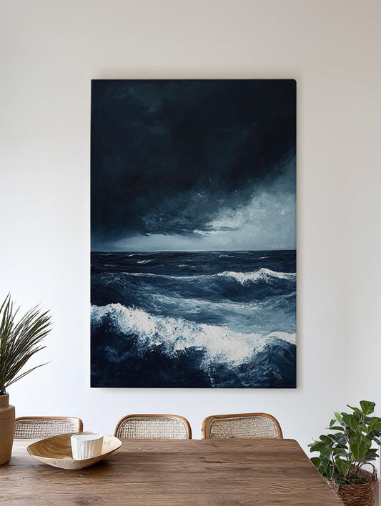 Ocean Storm Canvas Art | Impasto Print | Coastal Wall Art For Living Room | Steel Blue Art | Tranquil Decor Vertical Canvas