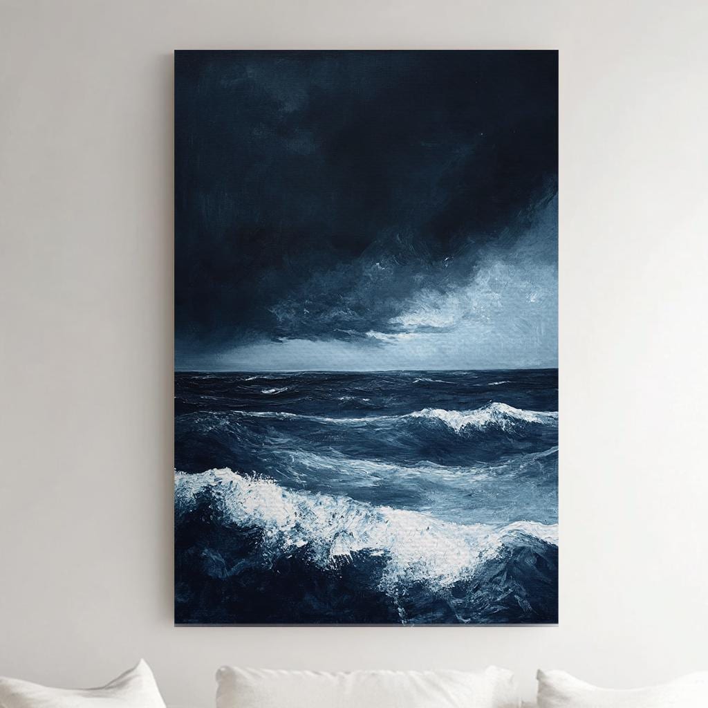 Ocean Storm Canvas Art | Impasto Print | Coastal Wall Art For Living Room | Steel Blue Art | Tranquil Decor Vertical Canvas