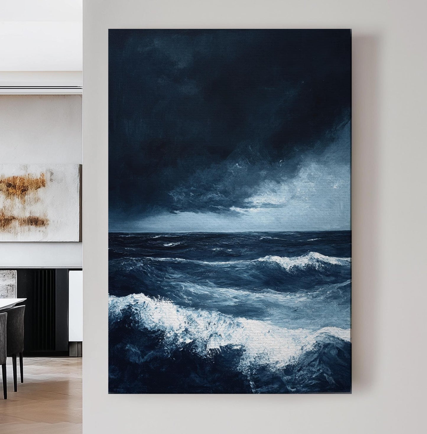 Ocean Storm Canvas Art | Impasto Print | Coastal Wall Art For Living Room | Steel Blue Art | Tranquil Decor Vertical Canvas