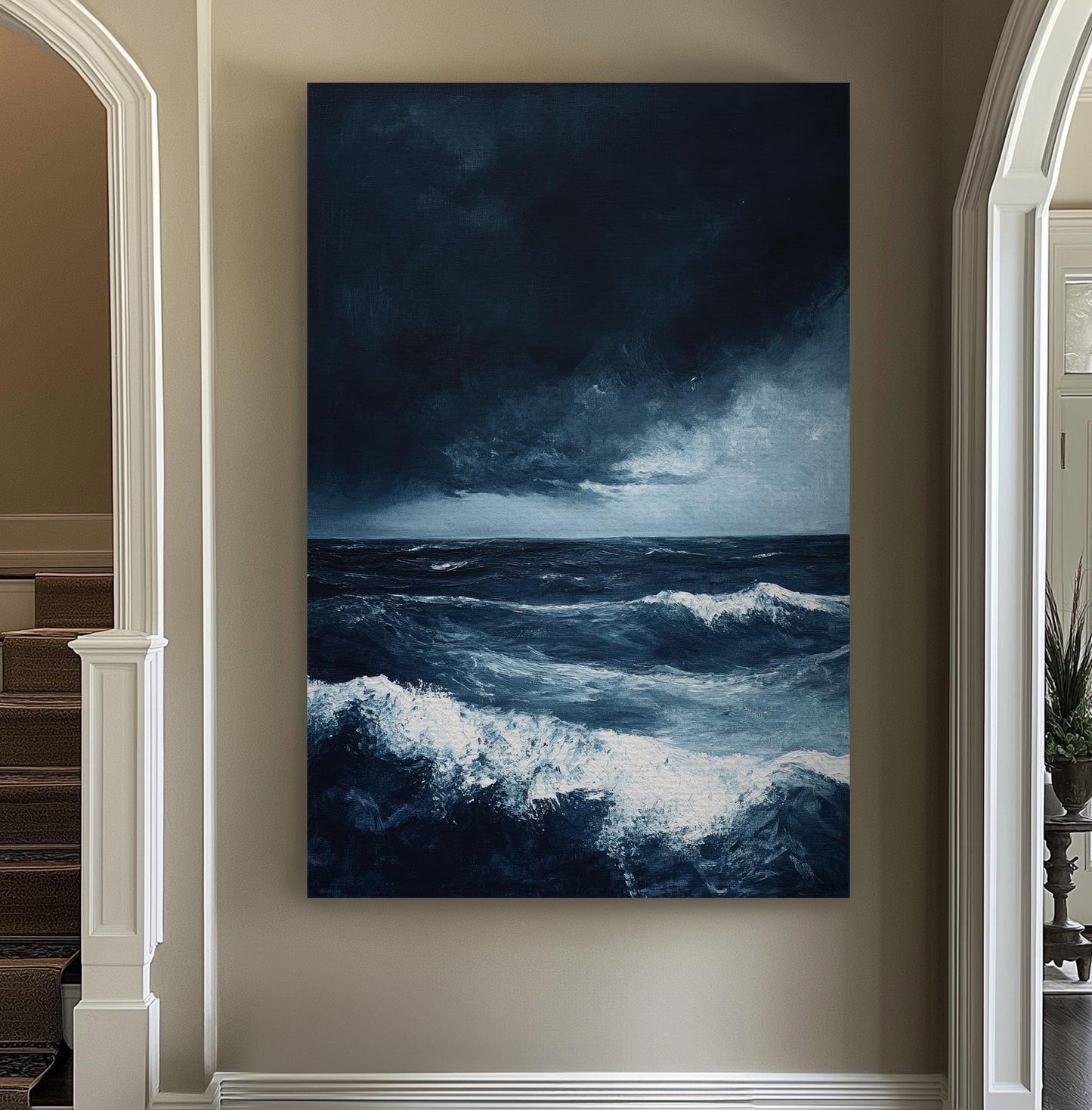 Ocean Storm Canvas Art | Impasto Print | Coastal Wall Art For Living Room | Steel Blue Art | Tranquil Decor Vertical Canvas