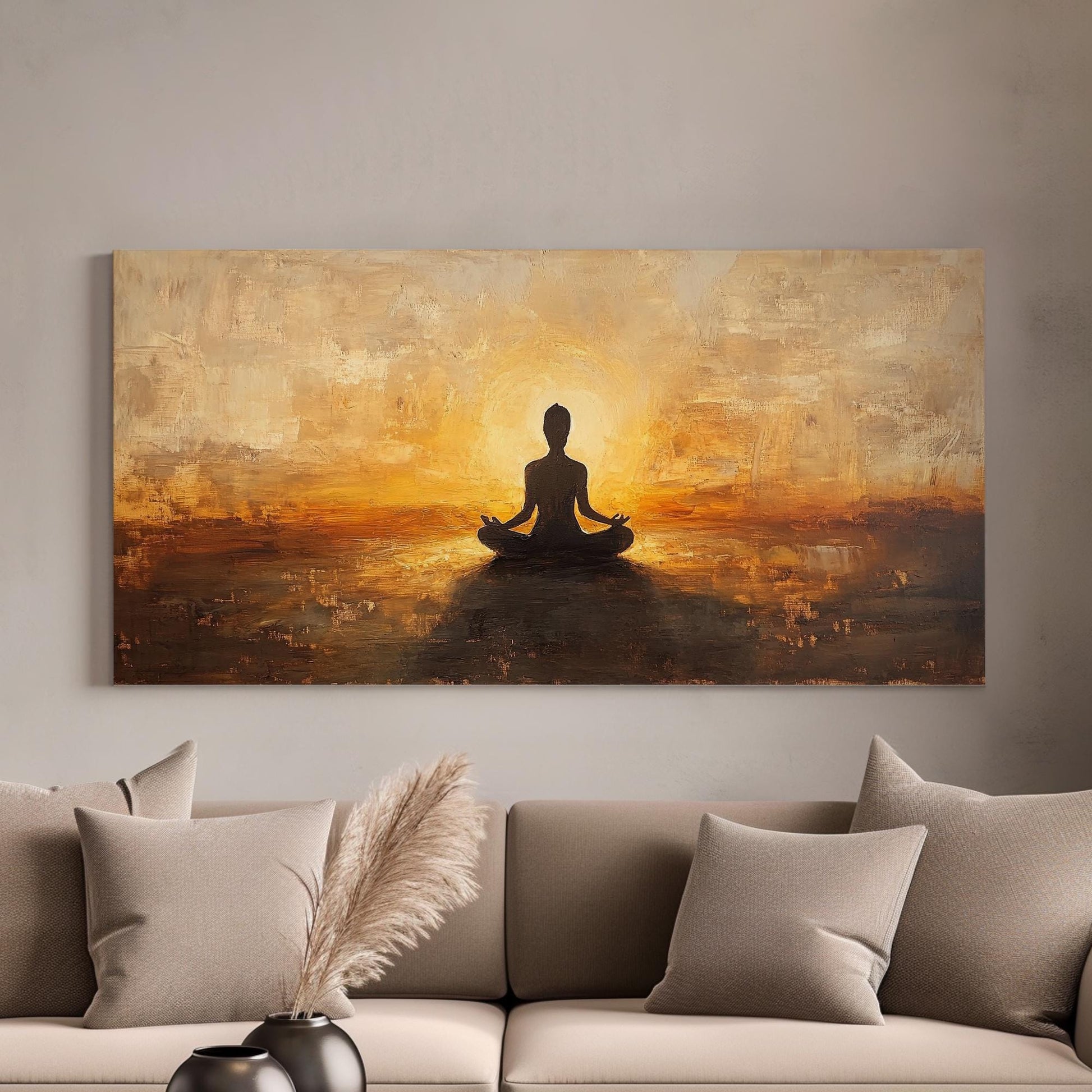 Mindful Moments Canvas Art | Impasto Print | Zen Wall Art For Living Room | Warm Sienna Art | Tranquil Decor Horizontal Art