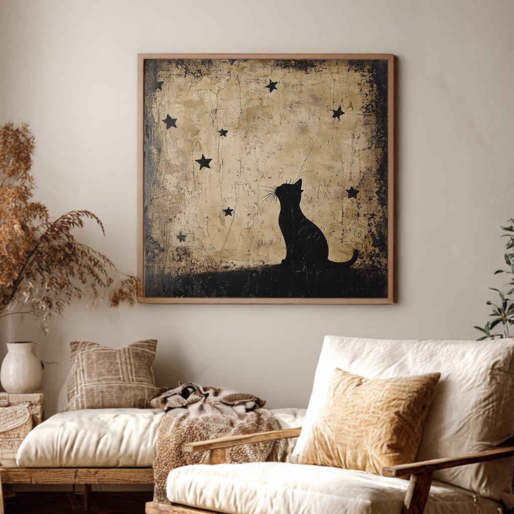 Midnight Cat Canvas Art | Distressed Texture Print | Bohemian Wall Art For Bedroom | Oatmeal Sable Art Square Canvas Art
