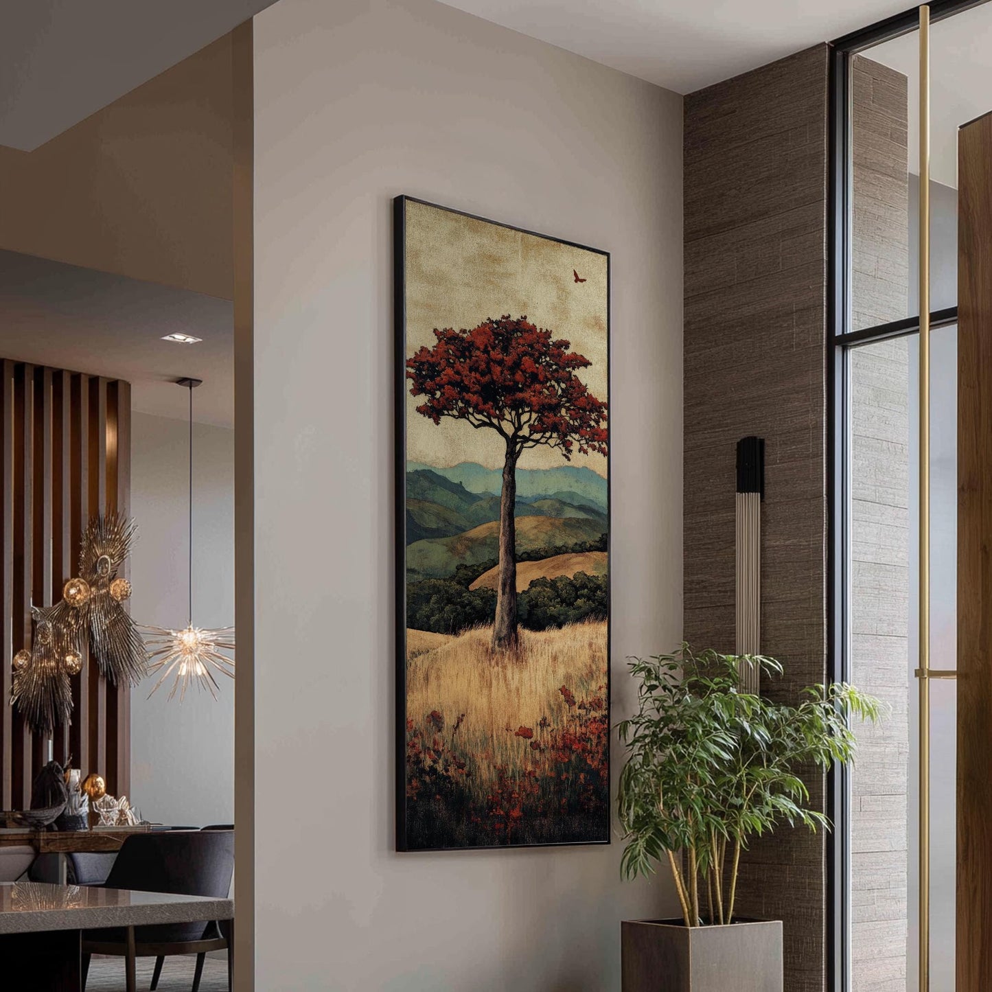 Solitary Tree Canvas Art | Impasto Print | Bohemian Wall Art For Living Room | Burnt Sienna Art | Tranquil Decor Long Vertical Art