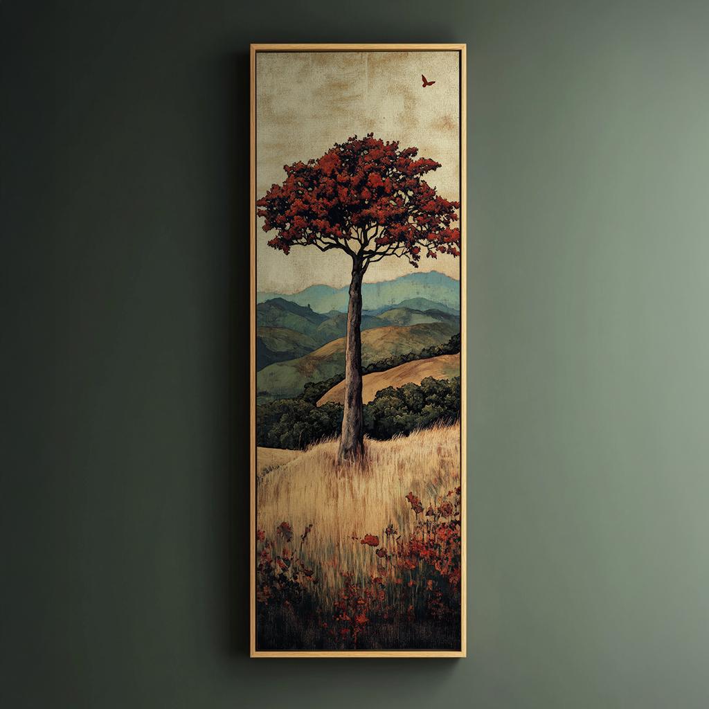 Solitary Tree Canvas Art | Impasto Print | Bohemian Wall Art For Living Room | Burnt Sienna Art | Tranquil Decor Long Vertical Art