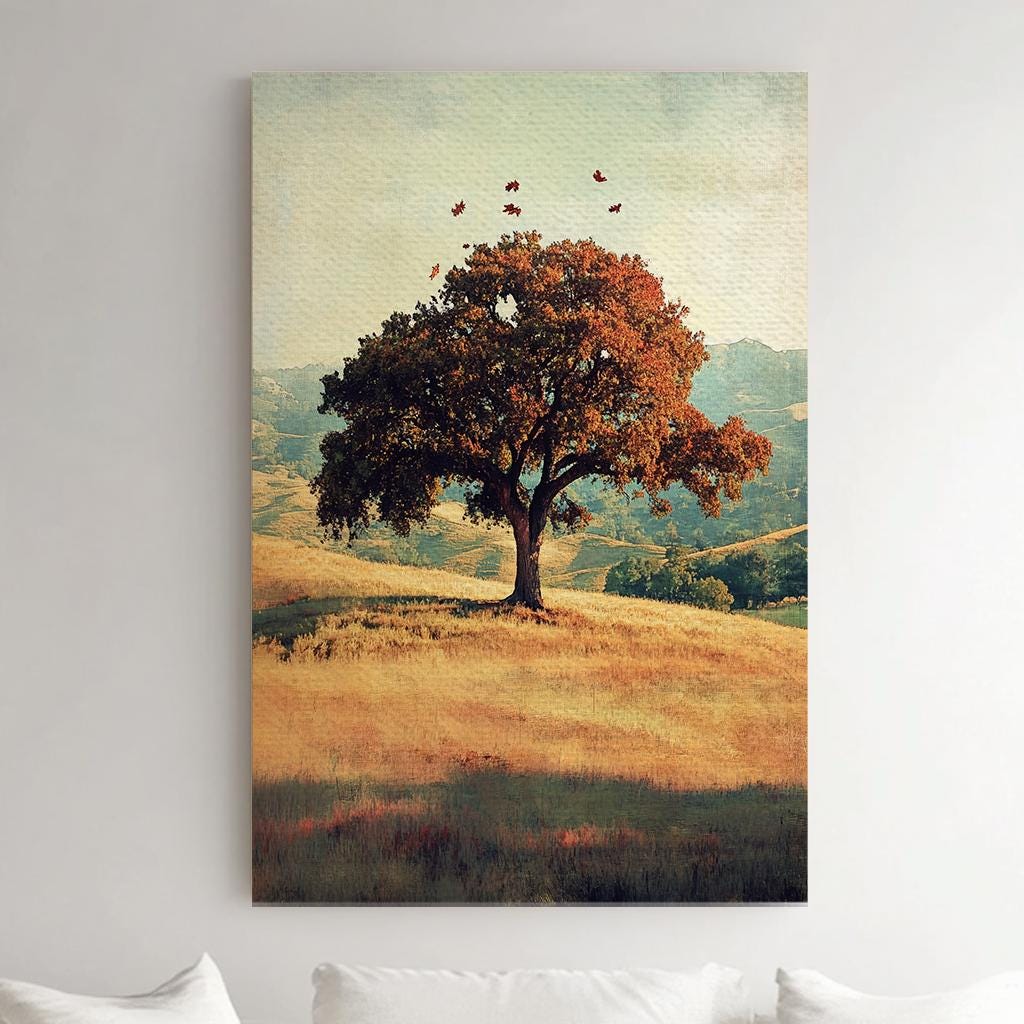 Solitary Oak Tree Canvas Art | Autumnal Impressionism Print | Transcendental Wall Art For Living Room | Harvest Gold Art Vertical Canvas