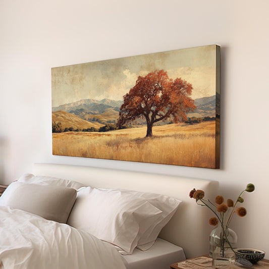 Solitary Oak Canvas Art | Textured Impressionist Print | Bohemian Wall Art For Living Room | Golden Hour Art Horizontal Art
