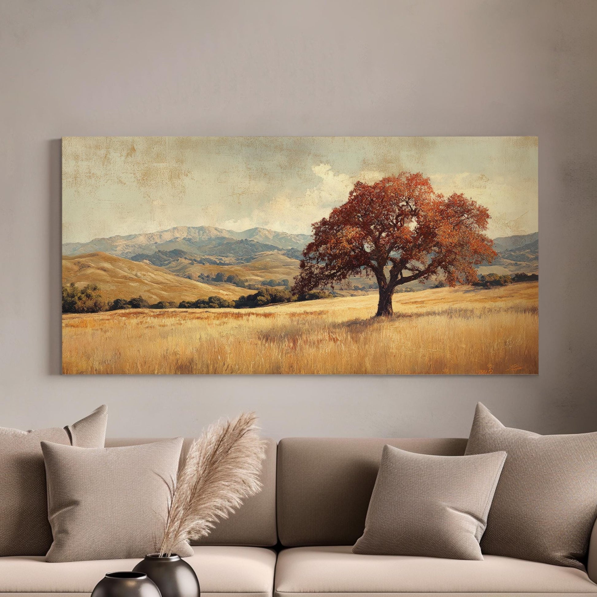 Solitary Oak Canvas Art | Textured Impressionist Print | Bohemian Wall Art For Living Room | Golden Hour Art Horizontal Art