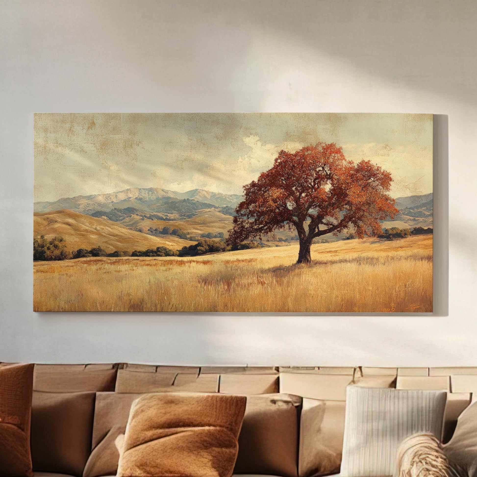 Solitary Oak Canvas Art | Textured Impressionist Print | Bohemian Wall Art For Living Room | Golden Hour Art Horizontal Art