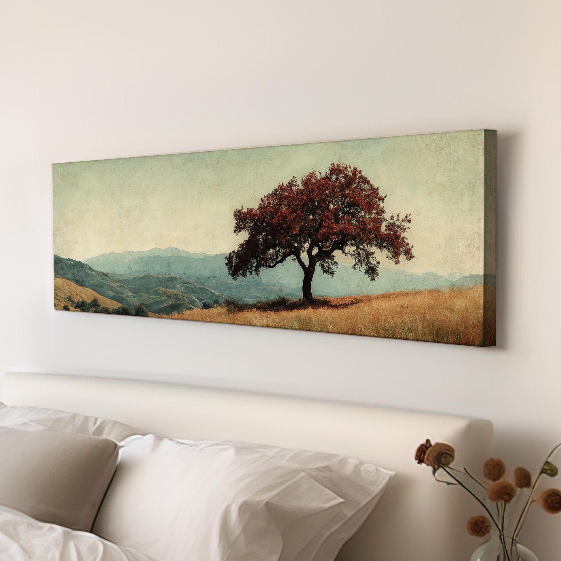 Solitary Oak Canvas Art | Textured Impressionism Print | Tranquil Farmhouse Wall Art For Above Couch Panoramic Wall Art